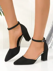 Elegant Pointed Toe Chunky Heel Single Shoe for Women, Hollow Out Buckle High Heeled Shoes, Office Wear Footwear