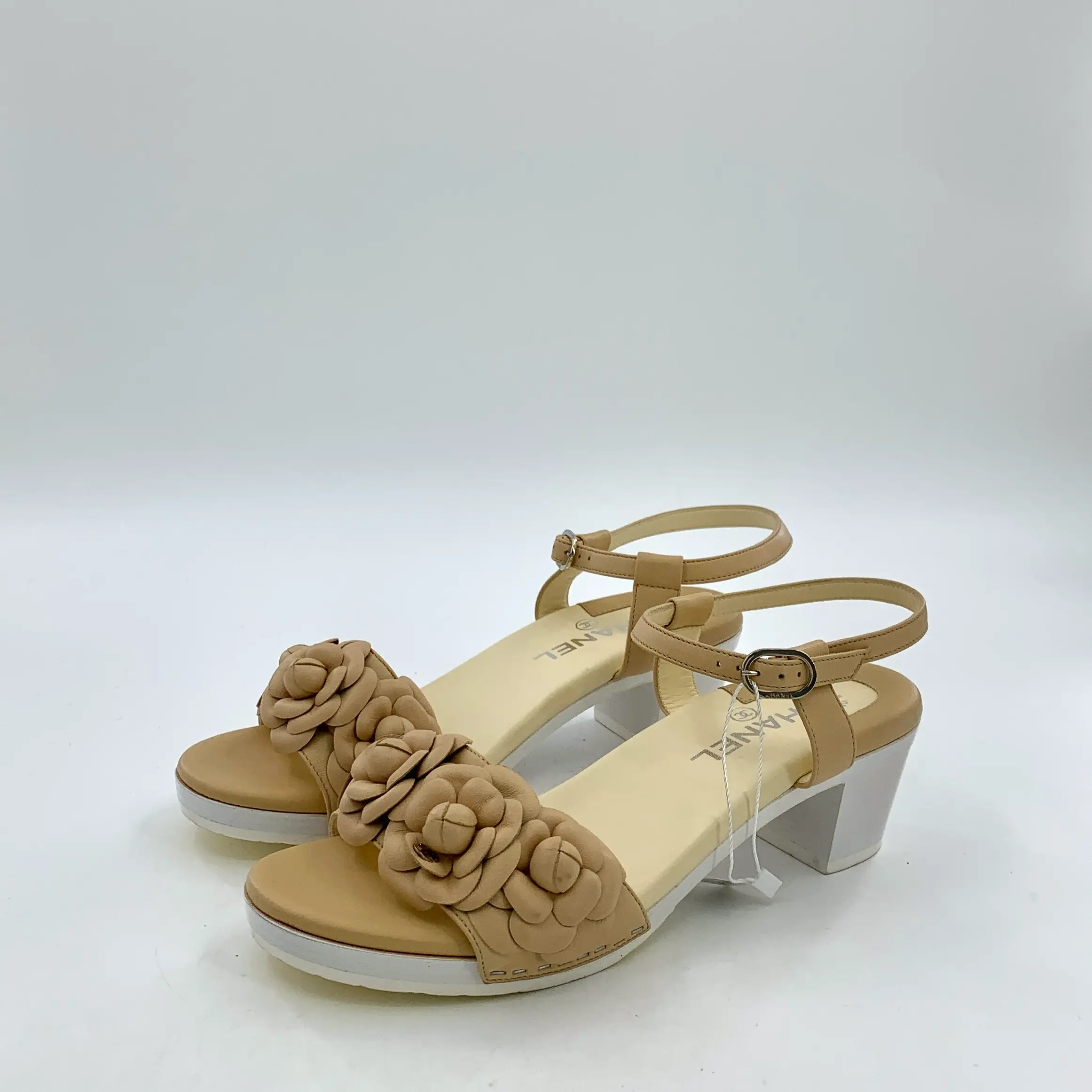 RDLT-Chanel Size 38 Brown Camellia Strap Buckle Block Heel Sandals-H35801