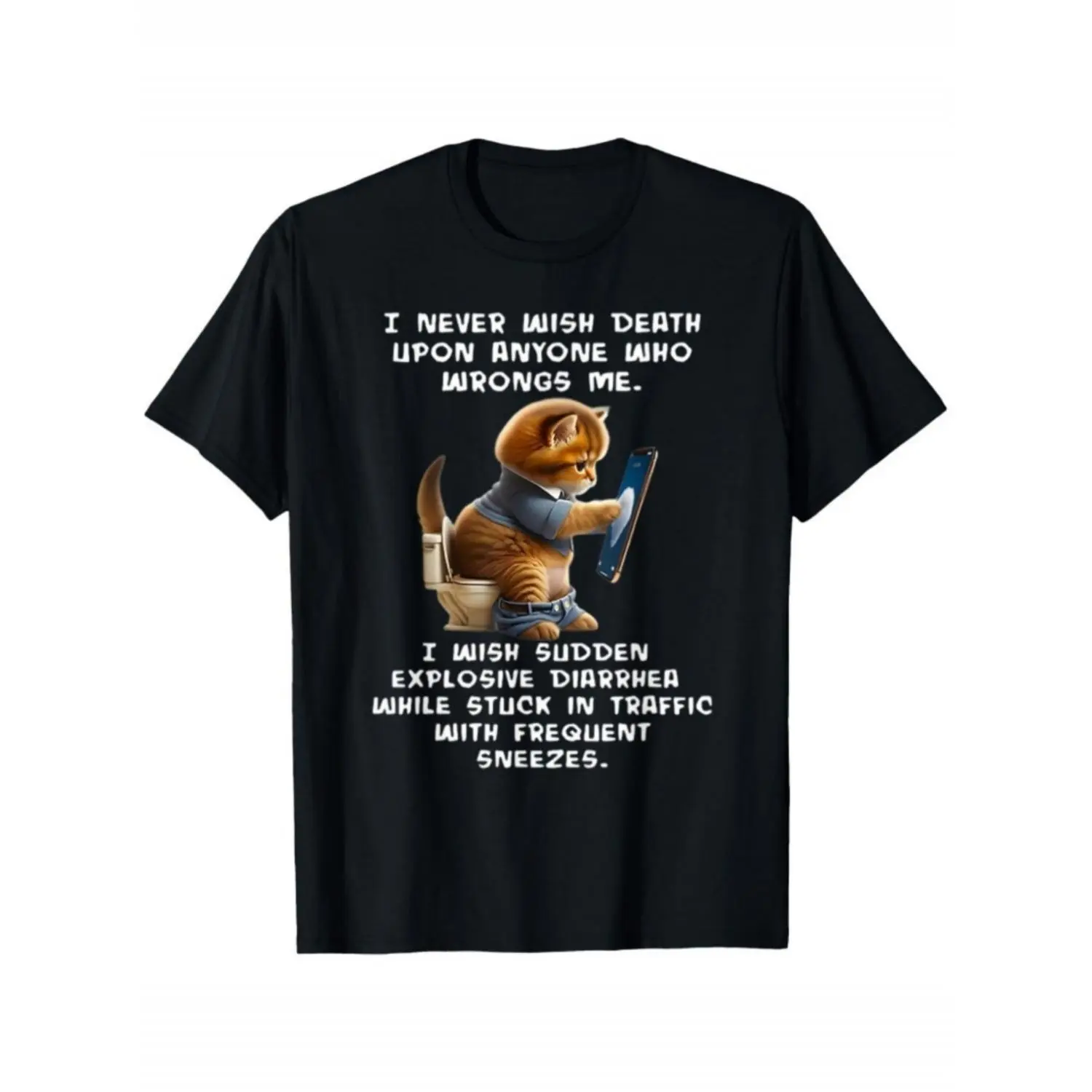 Women's Short-Sleeve Round Neck Cotton T-Shirt - Unisex Dark Humor Funny Cat Meme "I Wish Explosive Diarrhea In Traffic" Graphic, Streetwear Casual Crew Neck Top, Machine Washable Gift for Outdoor Activities, Shortsleeve, Tshirt, Graphic Print, Funny Grap
