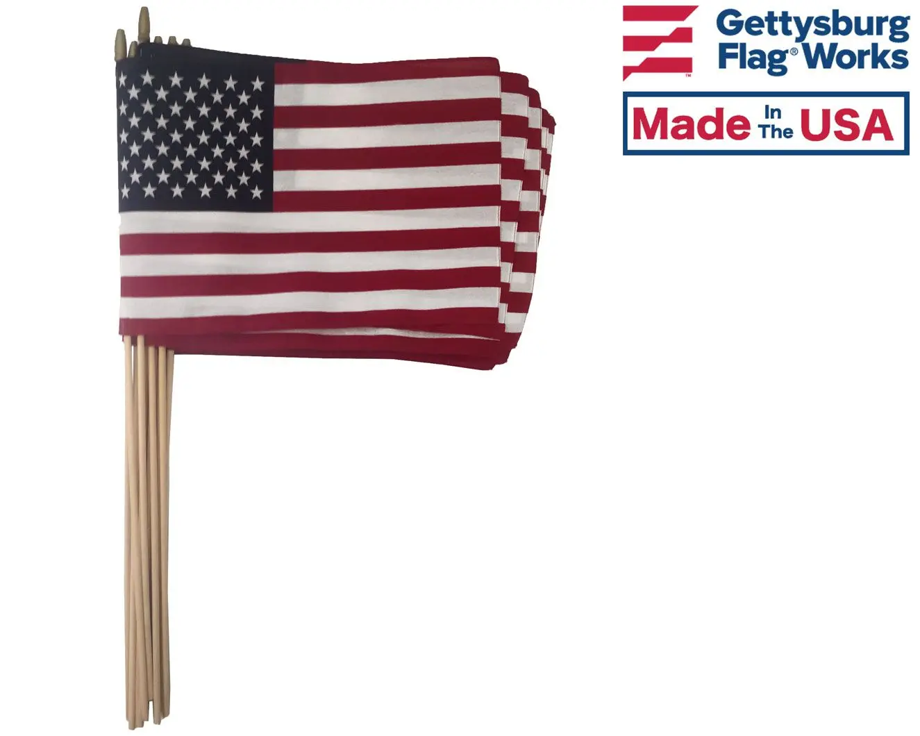 One Dozen (12 Qty) 12x18" US Cotton Stick Flag American Flag on 30" dowel with gold tip MADE IN USA, Hemmed Edges - Made in the USA