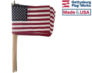 One Dozen (12 Qty) 12x18" US Cotton Stick Flag American Flag on 30" dowel with gold tip MADE IN USA, Hemmed Edges - Made in the USA