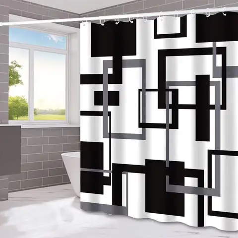 Modern Geometric Waterproof Bathroom Shower Curtain, Minimalist, Wall-Mounted, 180cmx180cm, Includes 12 Hooks, No Drilling Needed