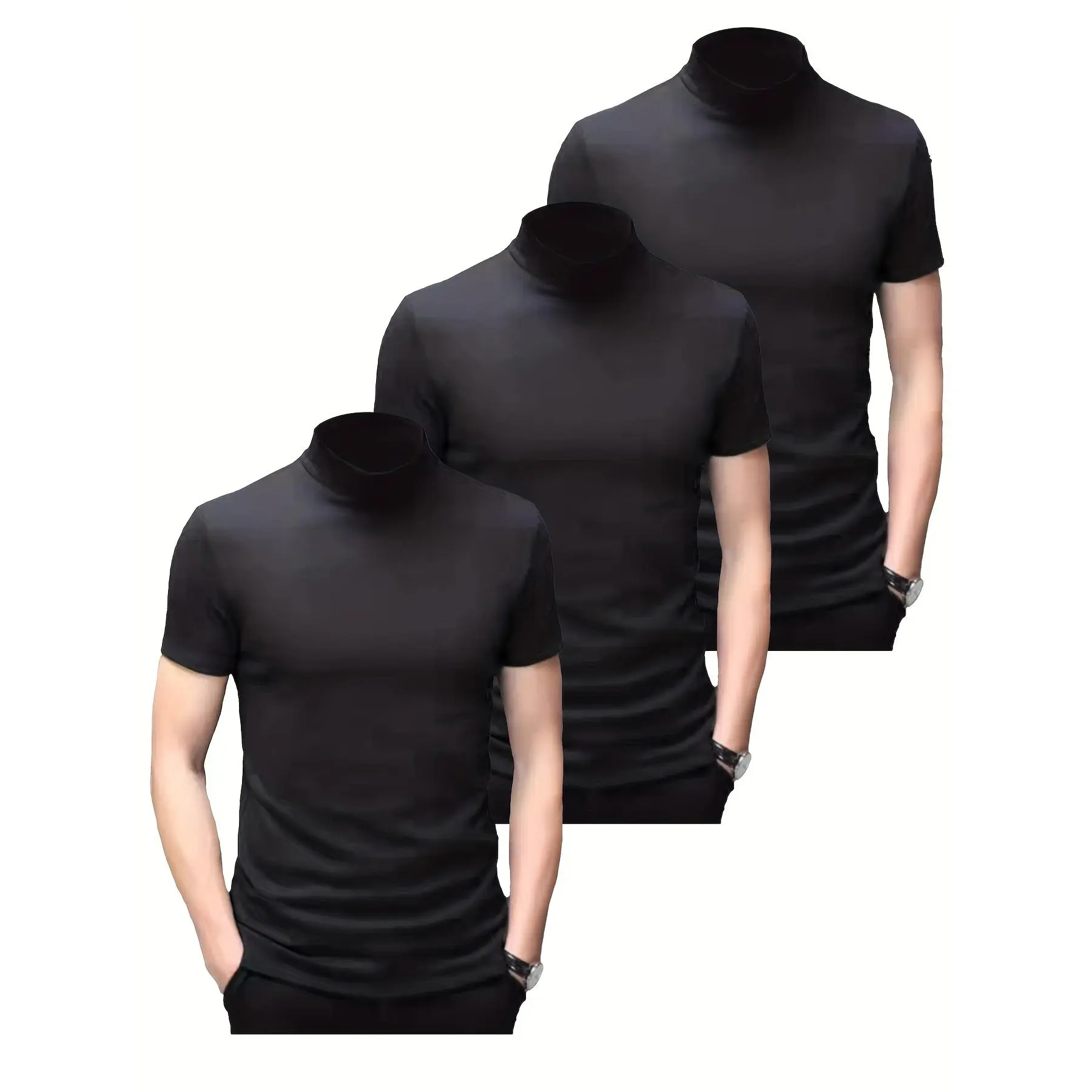 3pcs Soft Breathable Men's High Neck Base Layer Short Sleeve Undershirts for Spring Autumn
