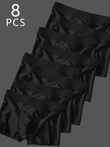 Men's Ice Silk Underwear Set, 8 Pieces Pure Color Men's Shorts, Fitted Boxer Briefs, Solid Color Brief, Casual All Seasons, Plain Pattern