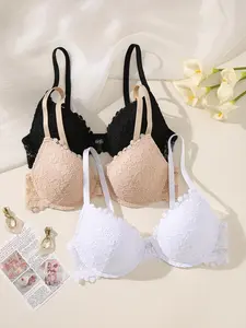 Ecomilky 3PCS Lace Front-Clasp Thin Cup Underwear Set for Women Elegant Everyday Style Versatile Design Comfort Aesthetics Push-Up Bra Womenswear Lingerie Minimalist Basic Black+White+Beige