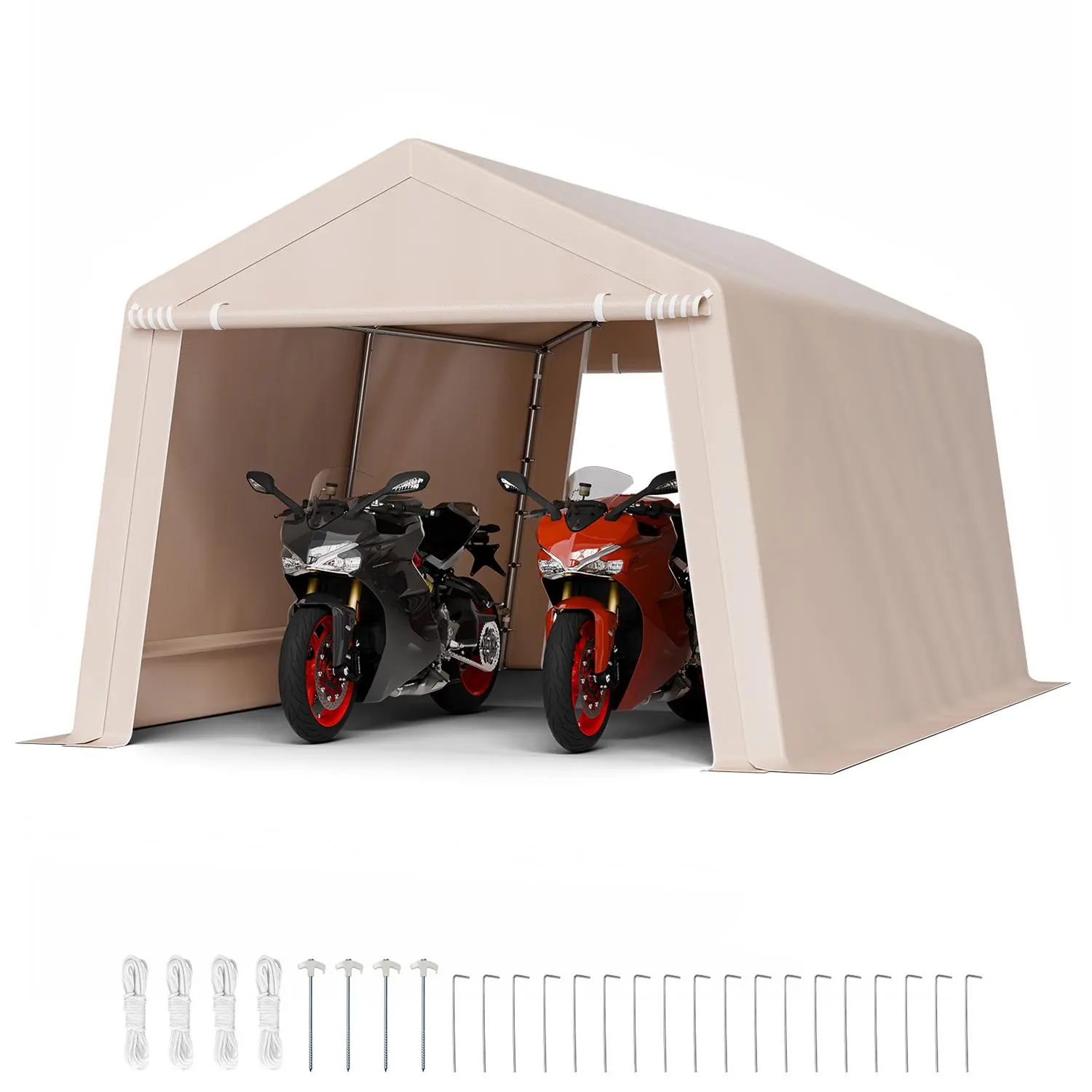 VEVOR 10x15 ft Outdoor Storage Shed, Corrosion-Resistant Galvanized Steel Heavy-Duty Portable Frame with Buckle Connectors, Double-Sided Coated Waterproof Canopy Tent, 2 Roll-Up Doors & Vents, for Backyards Firewood, Lawnmowers, Beige, Assembly Required,,