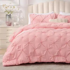 BEDELITE Pink Queen Comforter Set - 3 Pieces Boho Pintuck Bedding Comforter Sets, Lightweight Soft & Warm Bed Comforter with 2 Pillowcases for All Season,Valentines Day