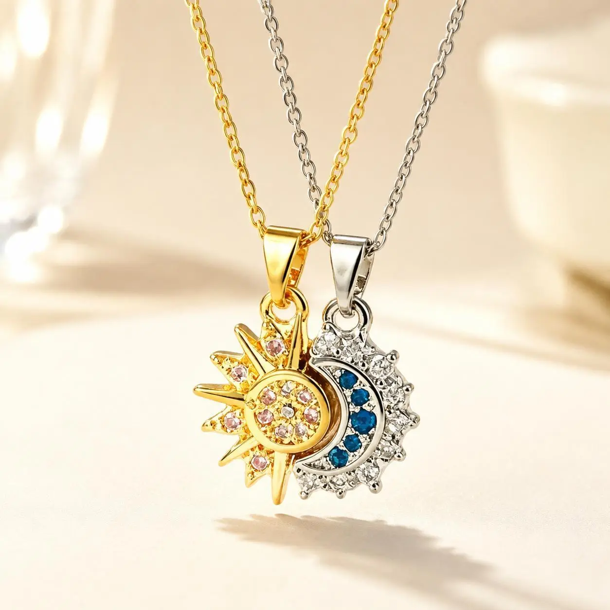 Y2K Fashion Lovers & Matching Necklaces for Couples, Sun and Moon Interlocking Pendant, Gold Tone Silver Tone, Pave Rhinestone Colored Stone, Celestial Design with Blue Accents, High Quality Daily Wear, Perfect Meaningful Gift for Her.