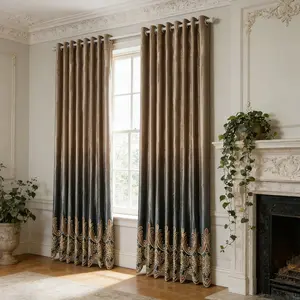 2 Piece Gradient Velvet Curtains, Luxurious European Style, Embroidered Lace Trim, High Light Blocking, Living Room Bedroom Vintage Decor