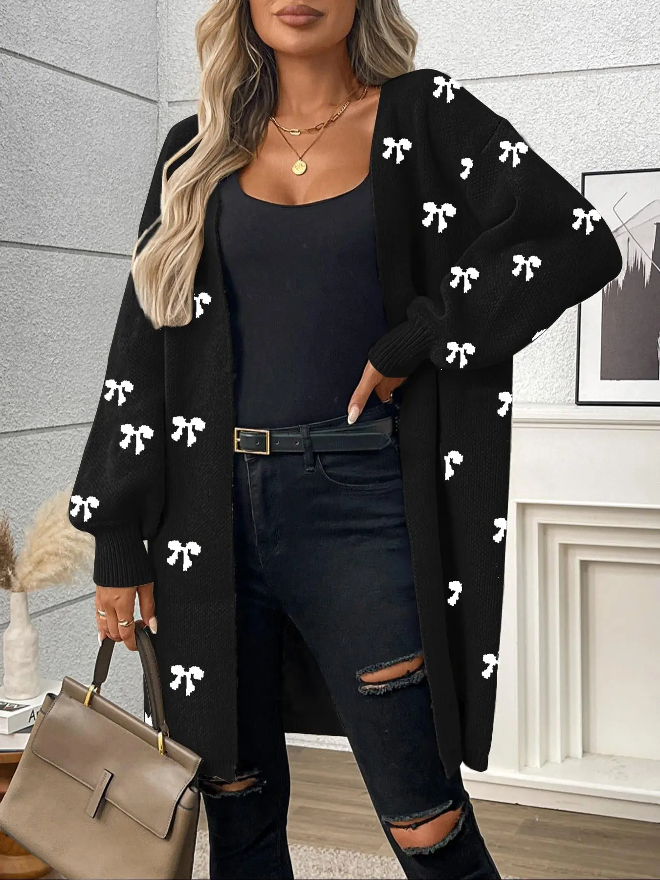 Women's Autumn Winter Cute Bowknot Casual Knitwear Cardigan Sweater, Loose Fit, Warm and Comfortable, Perfect for Fall and Winter