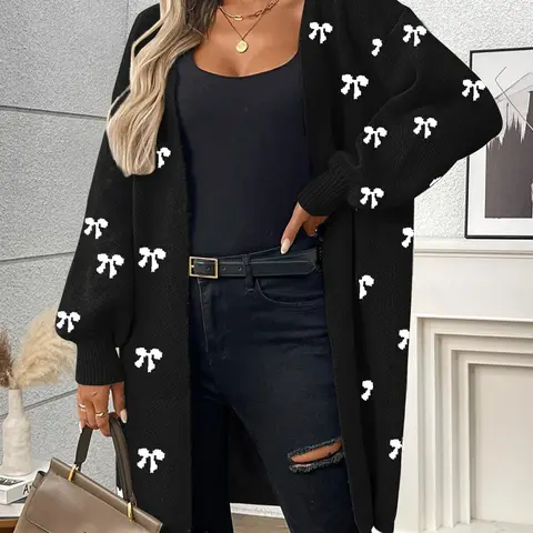 Women's Autumn Winter Cute Bowknot Aesthetic Casual Knitwear Cardigan Sweater, Loose Fit, Warm and Comfortable, Perfect for Fall and Winter