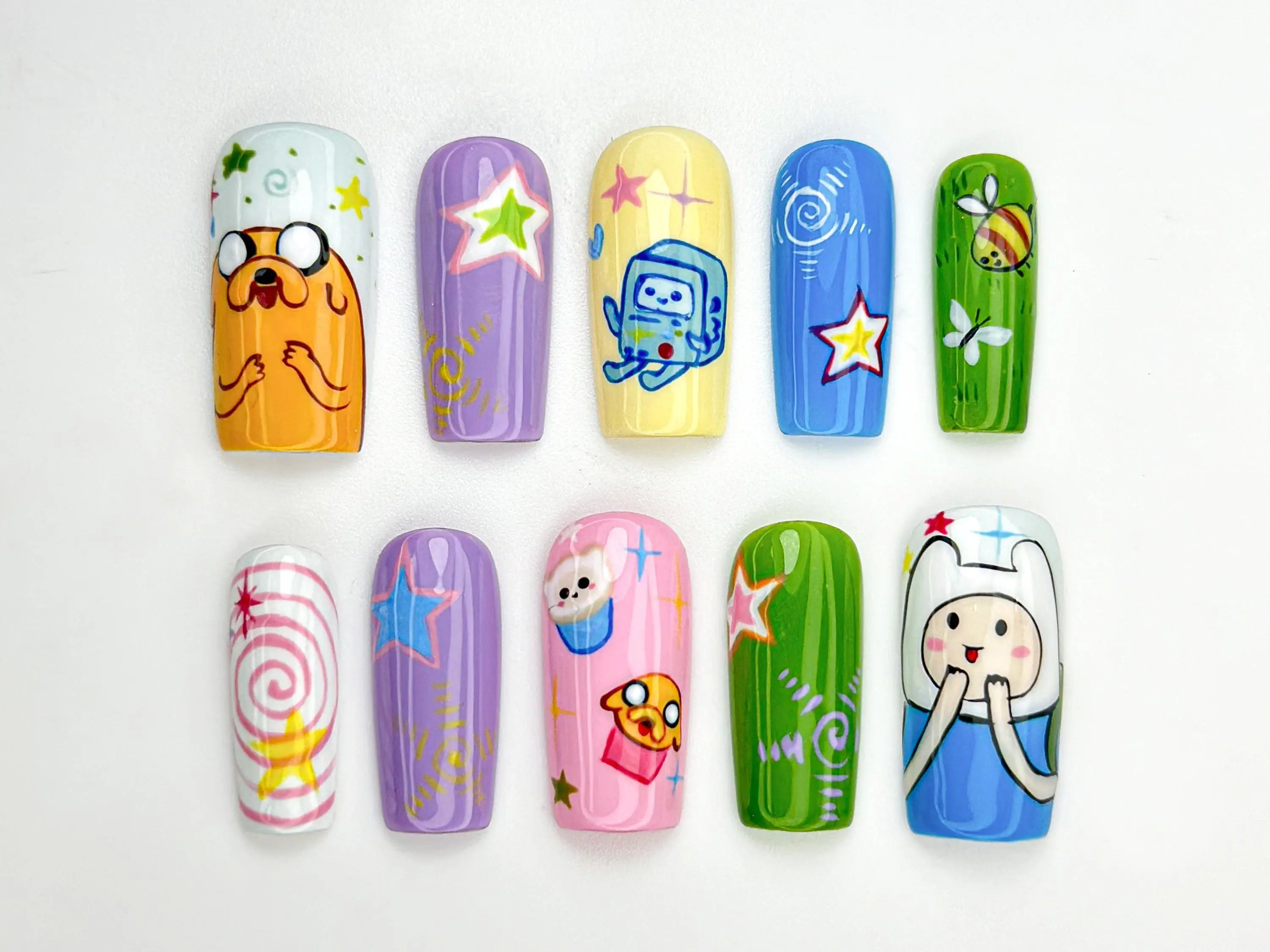 Adventure Time Press On Nails | Cute Cartoon Nail Art | Hand-Painted Custom Nails | Whimsical Character Nails | Funky Press On Set