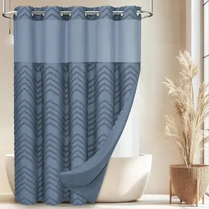 No Hook Shower with Snap in Liner, Tufted Chevron Striped Shower Set for, Boho Waterproof and Washable Shower Curtains, 71Wx74H, Moonlight Blue
