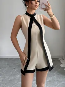 Women's Contrast Trim Jacquard Jumpsuit, Casual Short Sleeve Romper for Daily Wear, Ladies Clothes for All Seasons