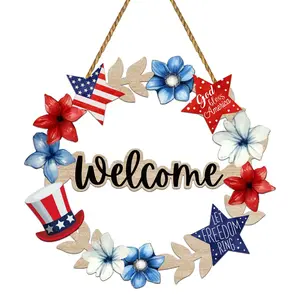 American Independence Day Welcome Wooden Door Sign Red, White, and Blue Floral Star Welcome Sign 4th of July Front Door Decoration Home Porch Wall Holiday Decorative Plaque Sign
