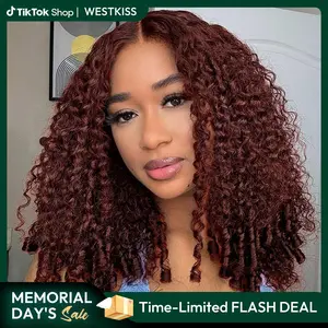 [Burmese Curly] West Kiss Glueless Reddish Brown Burmese Curly 7x5 Lace Closure Wigs Human Hair Pre Cut Pre Plucked with Natural Hairline tiktokshopmemorialday