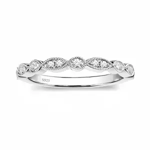 S925 Sterling Silver Wedding Band for Women Cubic Zirconia Milgrain Marquise & Round Half Eternity Stackable Ring Silver Size 5-10