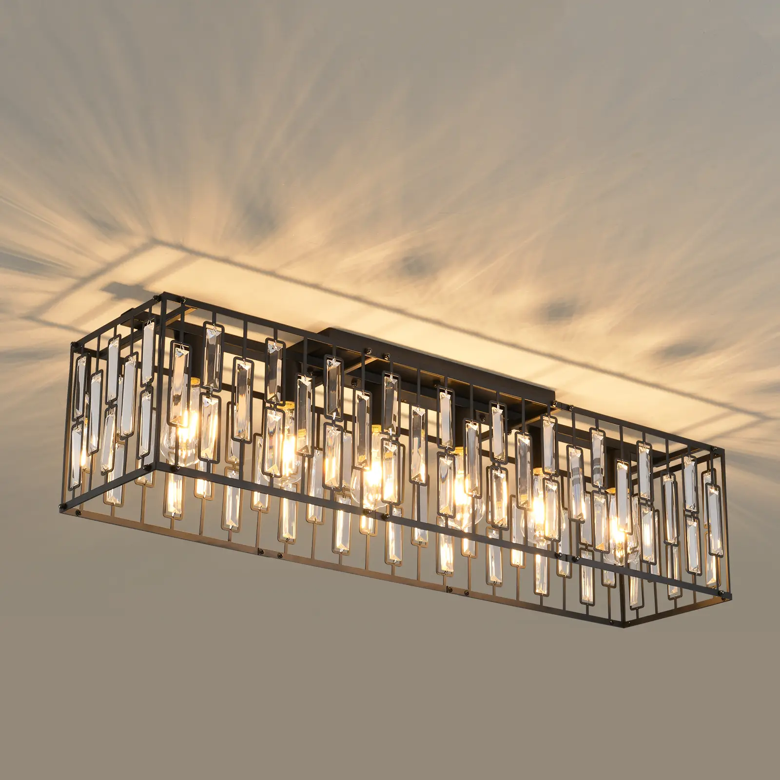 Garwarm 38.7in Crystal Chandelier for Living Room, 6-Light Rectangle Flush Mount Ceiling Light Modern Chandeliers for Dining Room,Kitchen Chandeliers