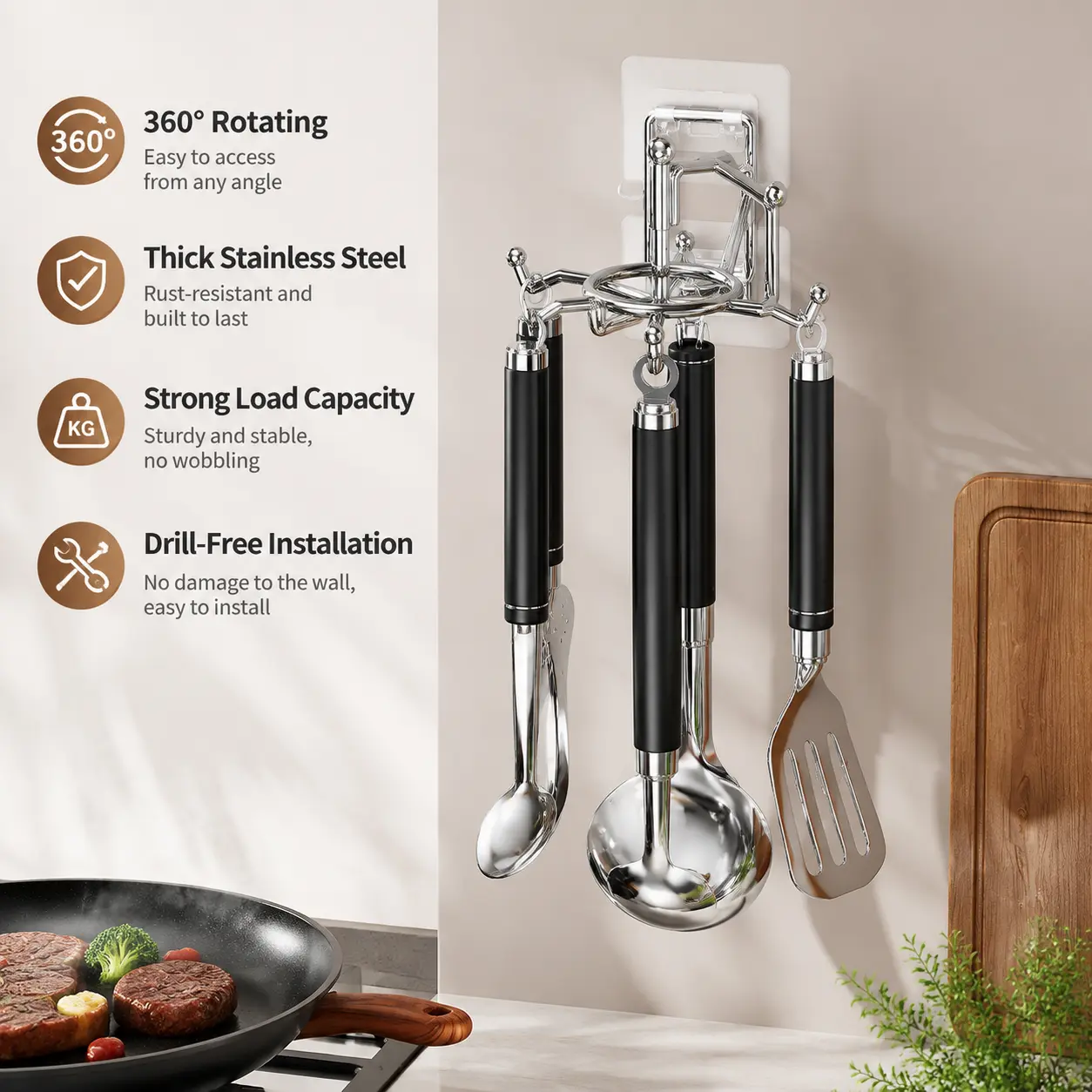 1 Count 360 Degree Rotatable No-Drill Stainless Steel Kitchen Utensil Rack, Wall Mounted for Hanging Kitchen Cookware and Cutting Boards