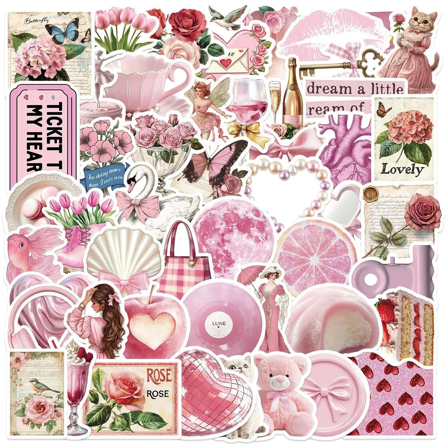Pink Aesthetic Series Sticker, 50pcs/set Cute Cartoon Sticker, Decorative Sticker for Scrapbook, Diary, Notebook, Water Bottle, Car, Car Stickers, Decal Sticker, Car Decals, Stickers For Cars