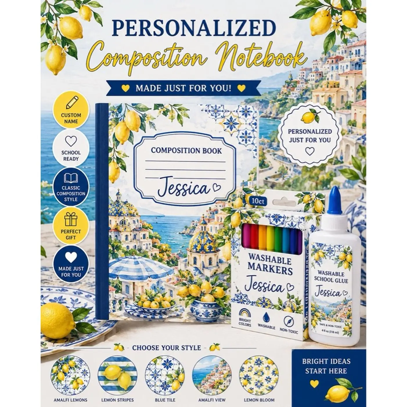 Personalized Composition Notebook with Washable Markers 10ct & Glue Bottle Custom Name School Ready Classic Style Perfect Gift