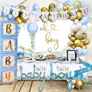 MEGA 254 Pc Dusty Blue & Sage Green Baby Shower Decorations Boy Gender Neutral Balloons Garland Kit BABY Boxes Banners Cake Topper Tablecloth Plates Napkins Straws Cups Oh Baby Backdrop Eucalyptus Metallic Mint Olive Pack Set Thick