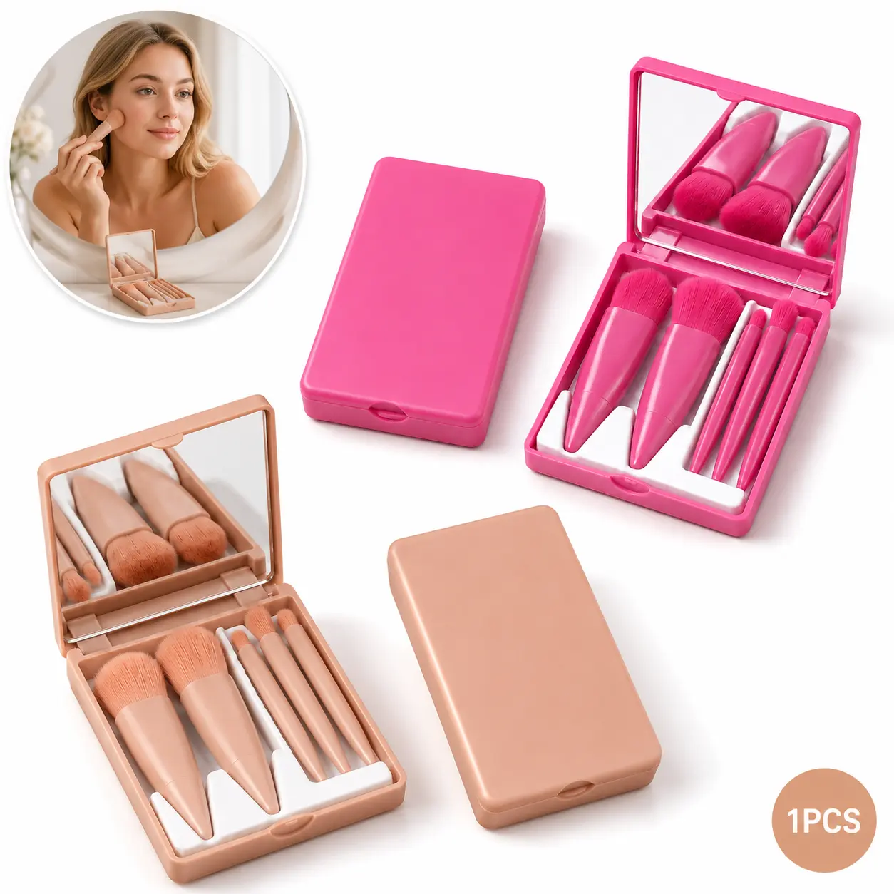 5 PCS Travel Makeup Brush Set with Mirror Case, Portable Cosmetic Brushes for Daily Makeup & Travel Essentials