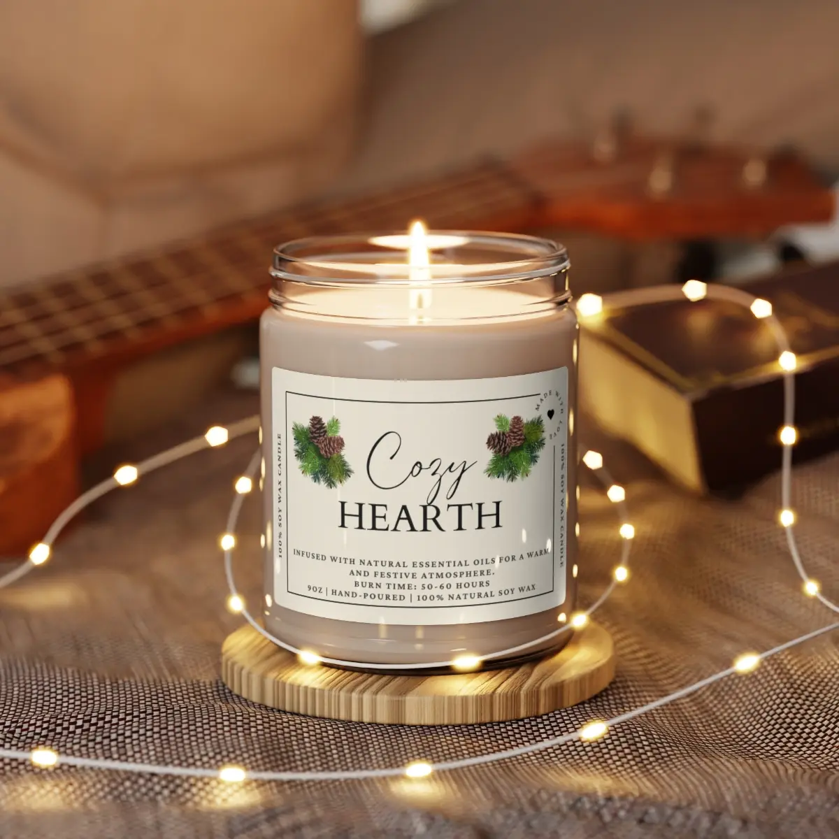 Cozy Hearth Aromatherapy Candle  9oz Scented Soy Wax  Orange Spice, Fir, Pine & Smoky Fireplace