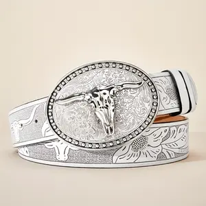 [Young Men And Women] Western Cowboy Rhinestone Belt |   White Faux Leather, Vintage Style Bull Head Buckle |   Punk Engraved Pattern, Business & Casual Wear