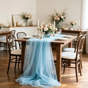 Light Blue Decorative Sheer Gauze - Fresh dreamy ocean-style wedding decor, semi-transparent light blue fabric, multi-size & DIY-friendly, ideal for outdoor weddings, ceremony arches, daily table runners, chair gauze decor and various scenes.