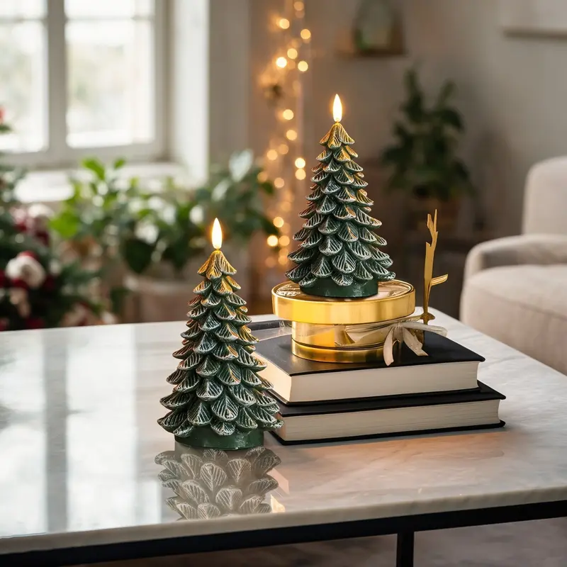 Homemory Classic Tree-Shape Flameless LED Candles, 2-Pack 8.5" Tree Décor Waxy Green Electric Candles with 6-Hour Timer, 4 Inches Thickest Battery-Operated for Cozy Little Christmas, Christmas Bedroom Decor, House Decor,home decor