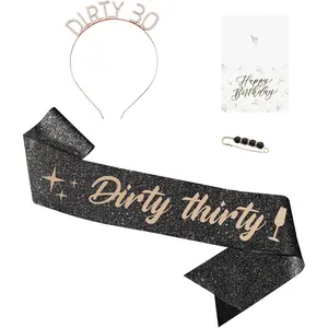 Frutain 30th Birthday Decorations for Her, Dirty Thirty Sash & Headband & Pearl Pin & Birthday Card