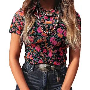 Asvivid Floral Printed Mesh Top Short Sleeve Mock Neck Laying Blouse Shirts Tops for Women - Summer Clothes Vacation Outfits Womenswear#DealsForYouDays