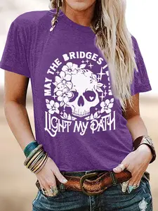 Women's Floral Skull & Letter Print Round Neck Tee, Fashion Casual Short Sleeve T-shirt for Daily Holiday Vacation Outdoor Wear, Ladies Clothes for Summer