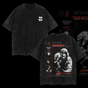 Ghost COD Double Printed Oversize Lightweight Acid Washed Tee Game Graphic T-Shirt for Men Casual Day Wear Cotton Fabric Jeans Vintage Gaming Retro Black Tee Heavyweight Cotton T-Shirts Love Menswear