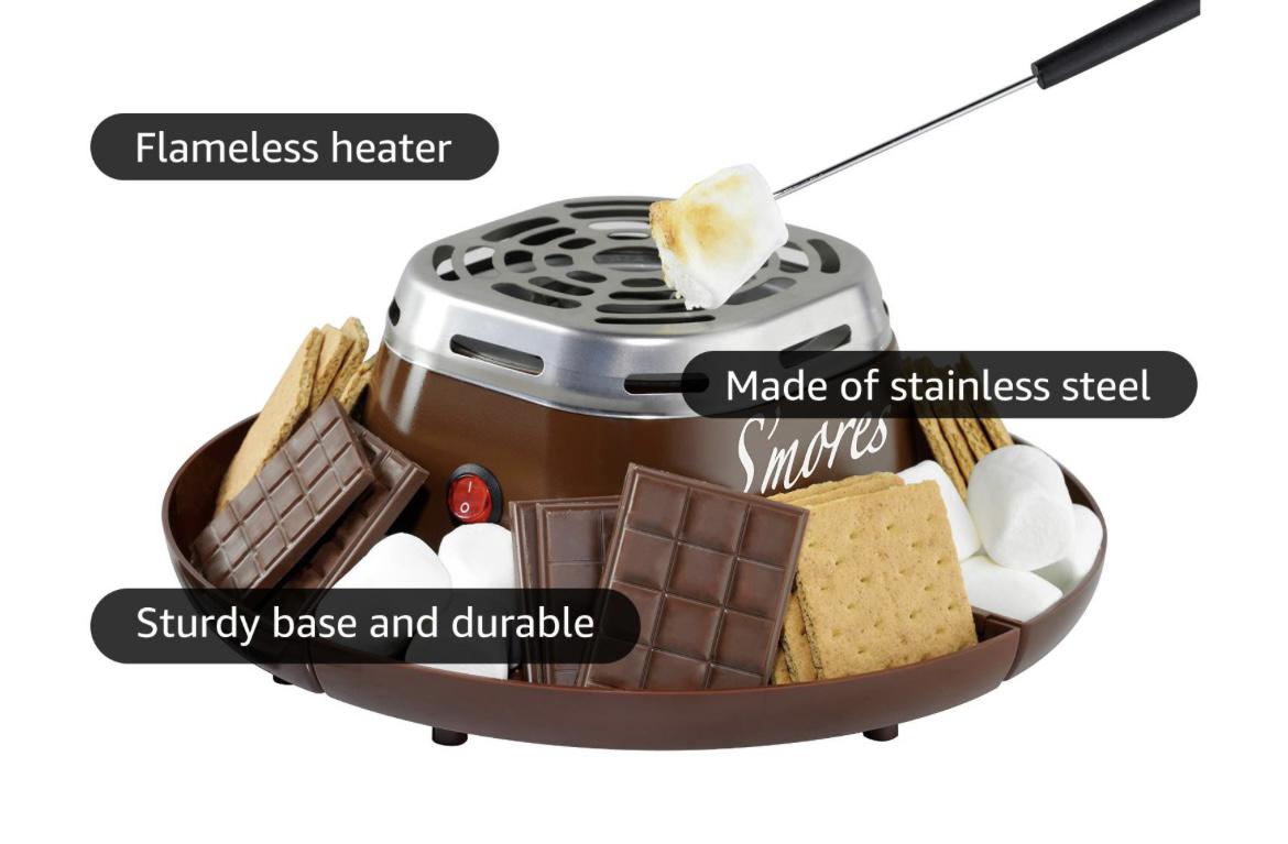 Electric S'mores Maker with Flameless Heater, Roasting Forks, and Trays - Indoor Smores Kit for Family Movie Night - Brown