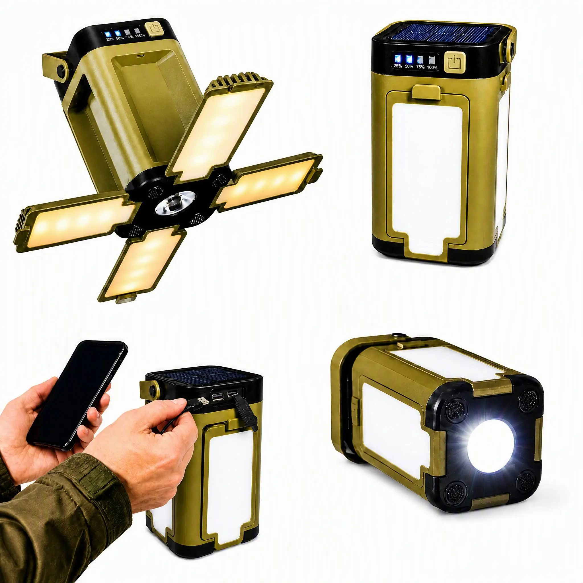 Foldable Solar Powered LED Light with 2000mAh Power Bank Function - IPX4 Water-Resistant, Color Changing, Dimmable, Lightweight, Portable, Adjustable Light Bars, 6 Lighting Modes - Ideal for Camping, Hiking, Automotive Emergencies security