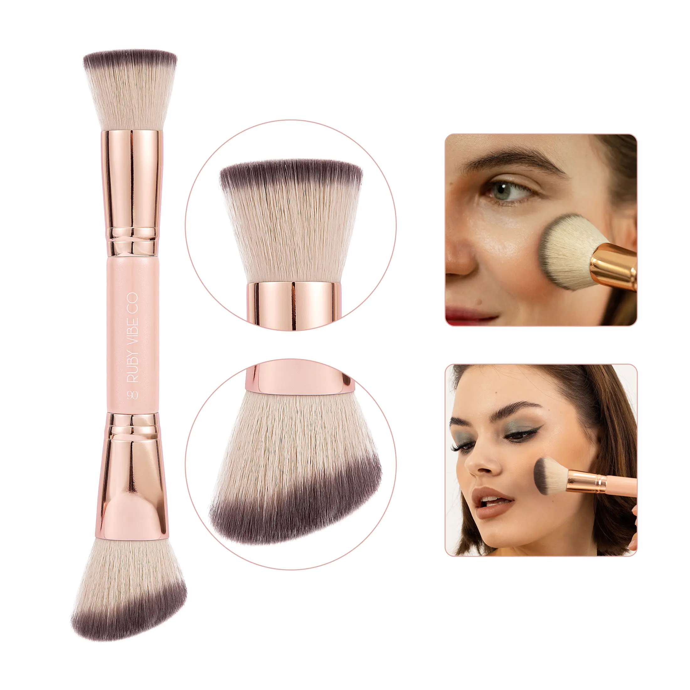 RUBY VIBE CO Dual-Ended Foundation & Contour Brush, Flat Foundation Brush for Liquid, Cream & Powder Makeup, Bronzer Brush with Sculpting Side, Cute Makeup Brush