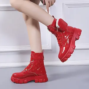 Women's Red Chunky Platform Ankle Boots Lace Up Mid Calf Thick Heel Winter Party Daily Casual Non Slip Sole Bota Flatform Walking Shoes Pu