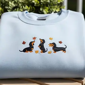 Dachshund Embroidered Sweatshirt, Fall Autumn Leaves Dog Lover Crewneck Sweatshirt, Wiener Dog Embroidery Gift Top, Cozy Pet Lover Sweater