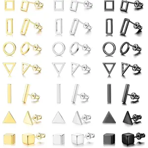FINREZIO 21 Pairs Geometric Stud Earrings Stainless Steel Minimalist Earring Sets Simple Circle Triangle Square Bar Earrings for Women Daily