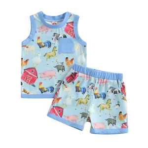 Kids Toddler Baby Boy Summer Outfits Set Farm Animals Tractor Sleeveless Tank Top Vest Shorts Set Casual 2Pcs Country Clothes Set