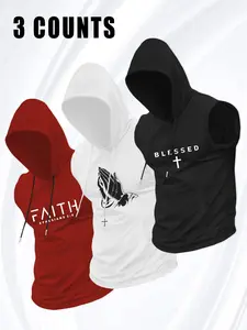 3 Pack Men's Sleeveless Hooded Tank Tops | Christian Faith Blessed Cross Praying Hands Gym Shirts | Ephesians 2:8 Religious Muscle Hoodies for Workout Streetwear