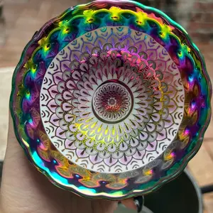 Iridescent Mandala Pattern Ceramic Plate with Scalloped Edge - Colorful Glaze Decorative Dish for Home Decor & Tableware