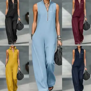 Women's Sleeveless Stand-up Collar Jumpsuit with Pockets, Summer Casual Overalls, Womenswear Suits & Sets Clothing