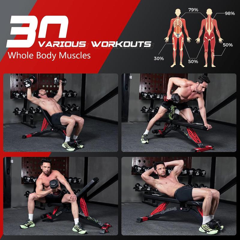 Pooboo Weight Bench, Adjustable Workout Bench for Home, 1500LBS Weight Capacity Heavy Duty Strength Training Bench, Flat/Incline/Decline Positions for Full Body Workout