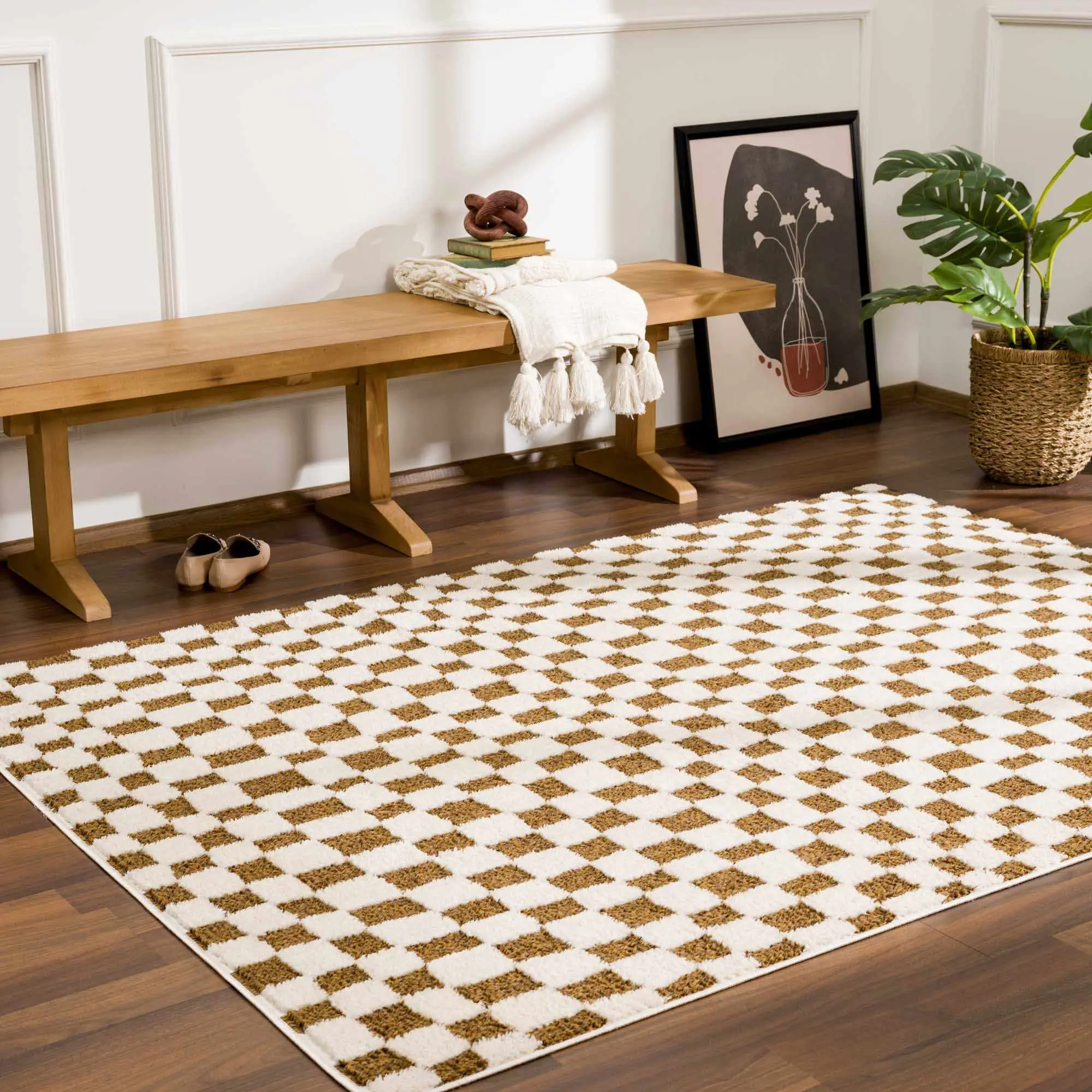 Lajos Brown Checkered Plaid Soft Shaggy Rug - Shag Weave Multi-Size Household Textile Carpet for Living Room, Bedroom Decor Lajos Brown Checkered Plaid Soft Shaggy Rug - Shag Weave Multi-Size Household Textile Carpet for Living Room, Bedroom Decor