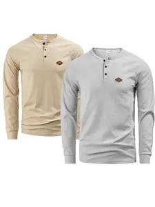 2PCS Men's Plain Waffle Long Sleeve T-Shirt, Small Round Neck Button Front Design, Comfortable Soft Fabric, Simple Casual Fashion Style, Home Outdoor Wear