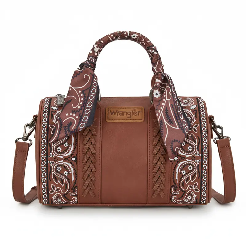 Wrangler Western Medium Size Bandana Paisley Print Barrel Desert Knot Crossbody Purse for Women with Scarf Strap & Paisley Embroidery Valentine's Day Gift