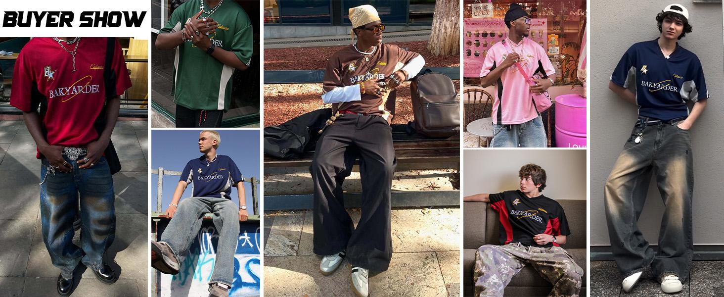 Bakyarder Men’s Vintage Oversized Jersey Shirt 90s Y2K Streetwear V Neck Embroidered Color-Block Loose Fit Casual T-Shirt